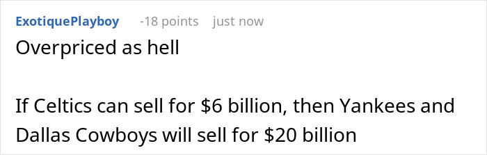 Comment discussing Boston Celtics' $6.1B sale price, comparing it to Yankees and Dallas Cowboys' potential value. Comment discussing Boston Celtics' $6.1B sale price, comparing it to Yankees and Dallas Cowboys' potential value.