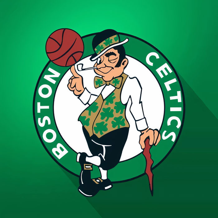 Boston Celtics logo featuring a leprechaun spinning a basketball on his finger against a green background. Boston Celtics logo featuring a leprechaun spinning a basketball on his finger against a green background.