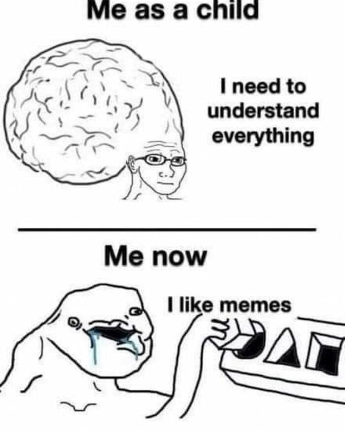 Child with big brain wants to understand everything, adult now enjoys memes. Cheerful Nihilism.