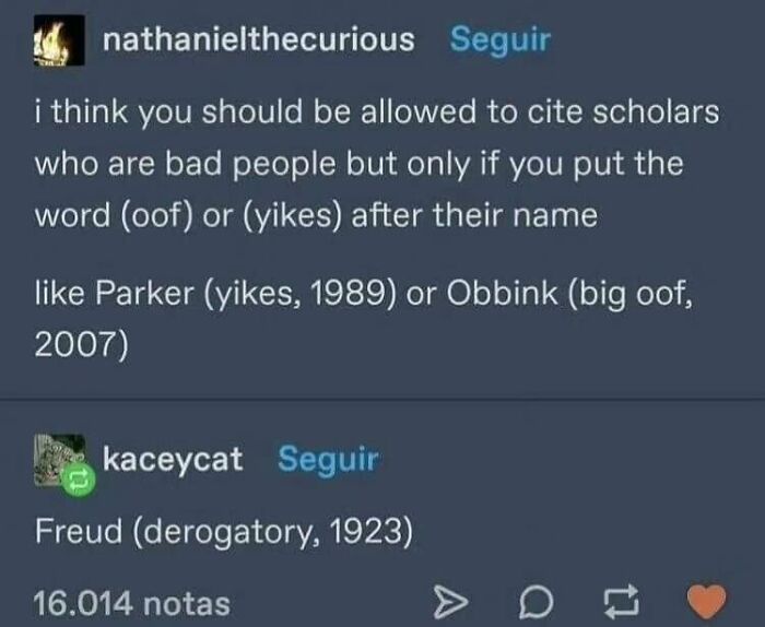 Social media post humorously citing scholars with playful labels, embodying cheerful nihilism.