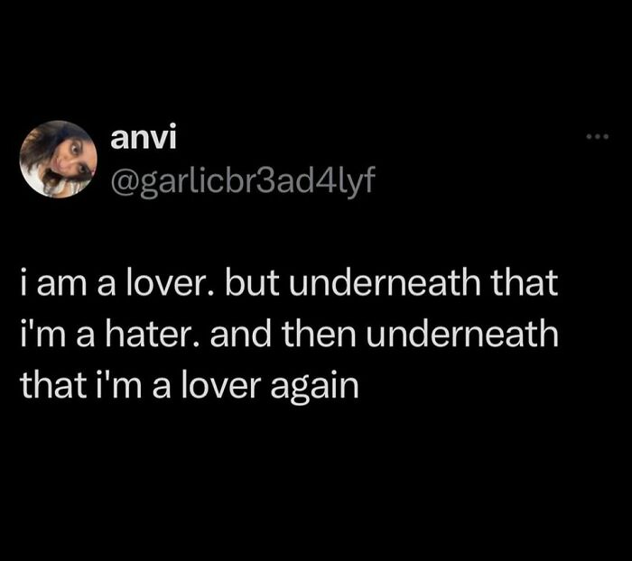 Cheerful Nihilism meme about fluctuating feelings of love and hate shared by user anvi.