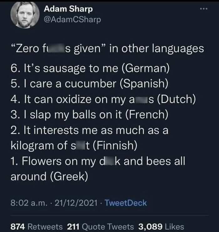 Tweet humorously translating "zero cares" in various languages with explicit phrases; cheerful nihilism meme.