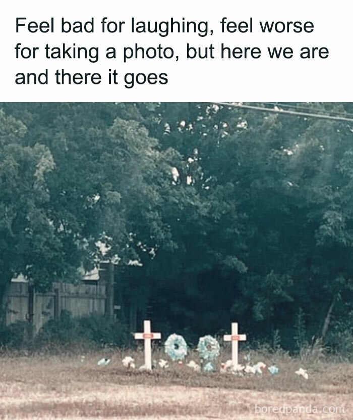 Cheerful nihilism meme with humorous text over an image of graves and trees in the background.