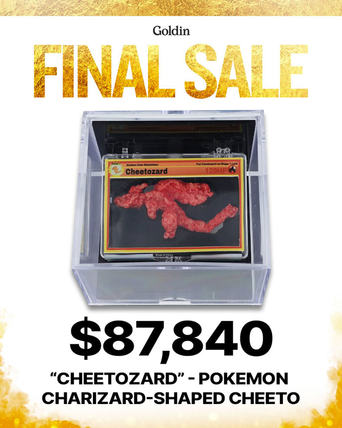 Pokémon Charizard-shaped Cheeto sold for $87,840 at auction, labeled "Chetozard," in a clear display case. Pokémon Charizard-shaped Cheeto sold for $87,840 at auction, labeled "Chetozard," in a clear display case.