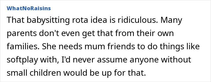 Text from a forum post discussing childfree friend group dynamics and babysitting expectations. Text from a forum post discussing childfree friend group dynamics and babysitting expectations.