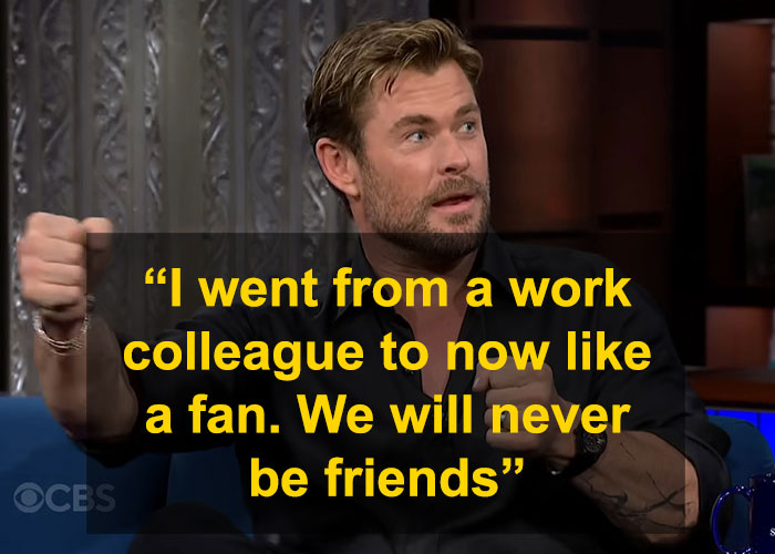Chris Hemsworth discussing friendship regrets at Oscars on a talk show, gesturing with hands. Chris Hemsworth discussing friendship regrets at Oscars on a talk show, gesturing with hands.