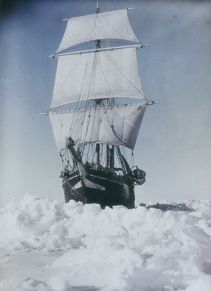 Sailing ship navigating through ice, similar to historical events like Napoleon's return from exile.
