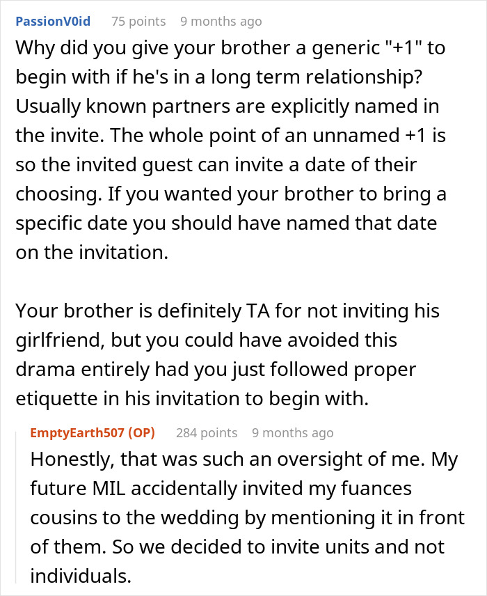Discussion about wedding invitation etiquette regarding a brother's "+1" choice and its consequences. Discussion about wedding invitation etiquette regarding a brother's "+1" choice and its consequences.