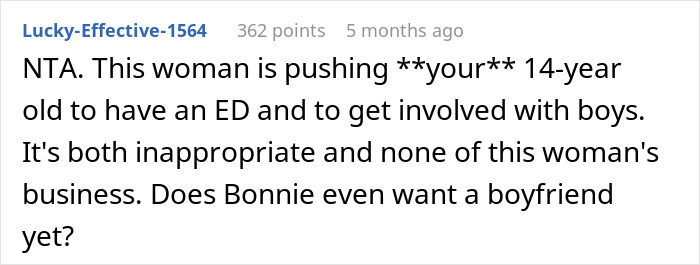 Comment discussing body-shaming of a 14-year-old and inappropriate pressure for attention from boys. Comment discussing body-shaming of a 14-year-old and inappropriate pressure for attention from boys.