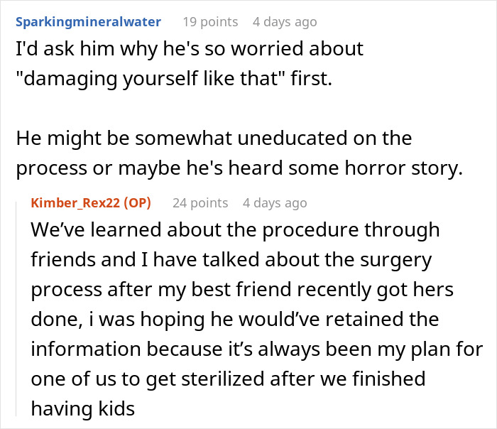 Discussion about sterilization and partner concerns in an online forum. Discussion about sterilization and partner concerns in an online forum.