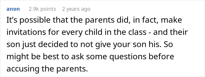 Online comment discussing a birthday party exclusion incident involving an 8-year-old. Online comment discussing a birthday party exclusion incident involving an 8-year-old.