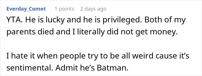Reddit comment discussing luck, privilege, and a humorous analogy to Batman. Reddit comment discussing luck, privilege, and a humorous analogy to Batman.