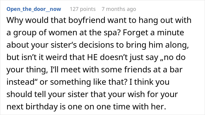 Text comment about lack of alone time with sister, mentions boyfriend always being around. Text comment about lack of alone time with sister, mentions boyfriend always being around.