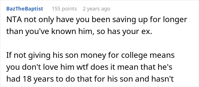 Comment criticizing a man over college fund expectations, questioning his son's financial support. Comment criticizing a man over college fund expectations, questioning his son's financial support.