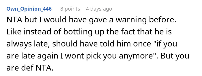 Comment discusses ending free rides to work due to lateness. Comment discusses ending free rides to work due to lateness.