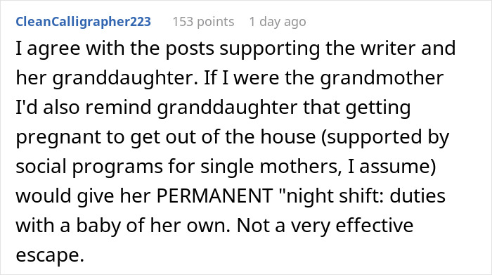Comment discussing granddaughter responsibilities and social programs for single mothers. Comment discussing granddaughter responsibilities and social programs for single mothers.