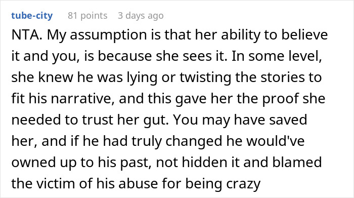 Comment about warning ex's wife of criminal record, emphasizing intuition and past behavior visibility. Comment about warning ex's wife of criminal record, emphasizing intuition and past behavior visibility.