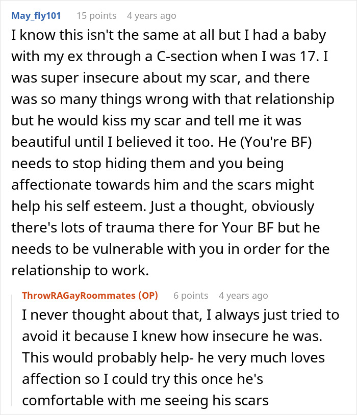 Discussion about burn scars and insecurities in a relationship, with advice on vulnerability for better self-esteem. Discussion about burn scars and insecurities in a relationship, with advice on vulnerability for better self-esteem.