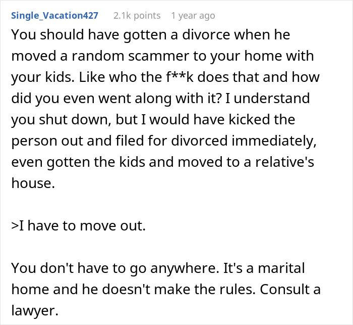 Reddit post discussing marital home rights and getting a divorce. Reddit post discussing marital home rights and getting a divorce.