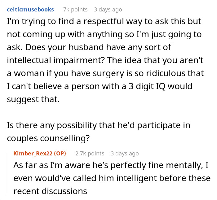 Reddit comments discussing sterilizing against partner's wishes and couples counseling suggestion. Reddit comments discussing sterilizing against partner's wishes and couples counseling suggestion.