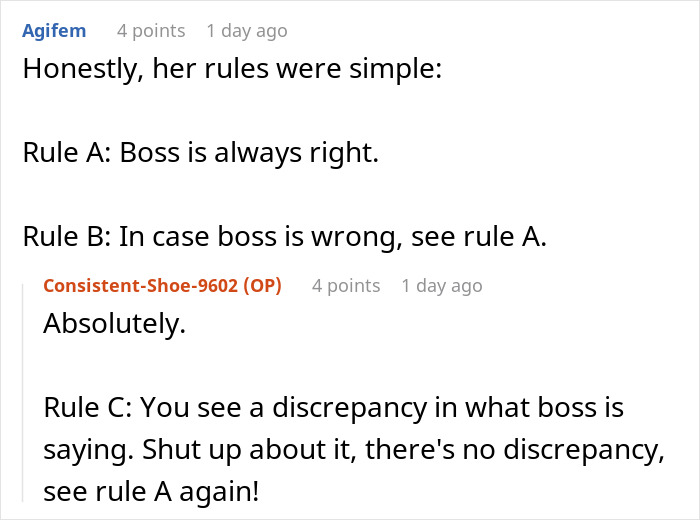 Text exchange about malicious compliance with an egoistic boss, highlighting rules about the boss always being right. Text exchange about malicious compliance with an egoistic boss, highlighting rules about the boss always being right.