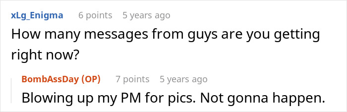 Reddit conversation about receiving messages, focusing on privacy and requests for pictures. Reddit conversation about receiving messages, focusing on privacy and requests for pictures.