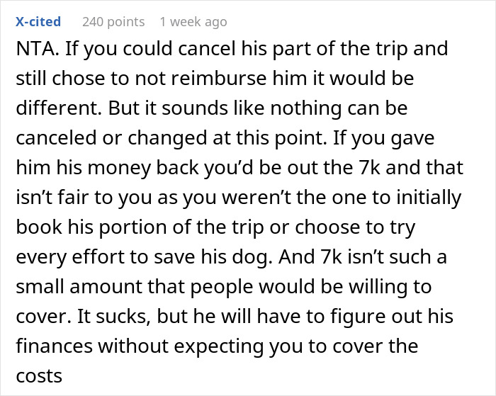Comment discussing vacation reimbursement and a brother's dog's bill in a financial dilemma. Comment discussing vacation reimbursement and a brother's dog's bill in a financial dilemma.