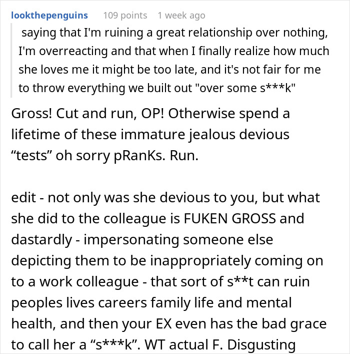 Reddit comment criticizing a girlfriend's fake Instagram account test of her boyfriend's loyalty. Reddit comment criticizing a girlfriend's fake Instagram account test of her boyfriend's loyalty.