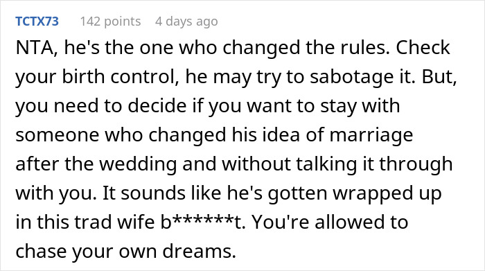 Reddit comment discussing refusing promotion for husband, emphasizing personal dreams and marriage dynamics. Reddit comment discussing refusing promotion for husband, emphasizing personal dreams and marriage dynamics.