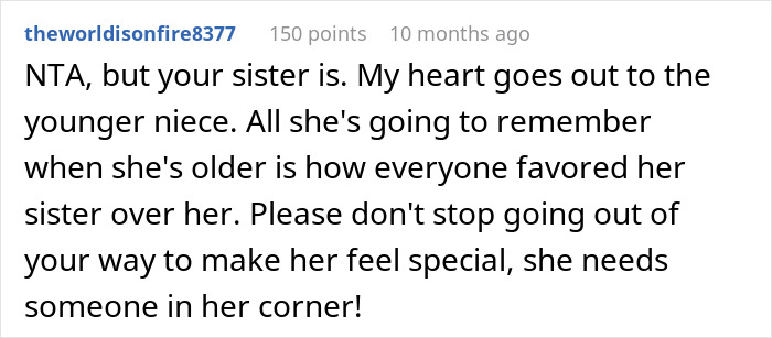 Text comment expressing empathy for niece, criticizing favoritism, and encouraging special attention. Text comment expressing empathy for niece, criticizing favoritism, and encouraging special attention.