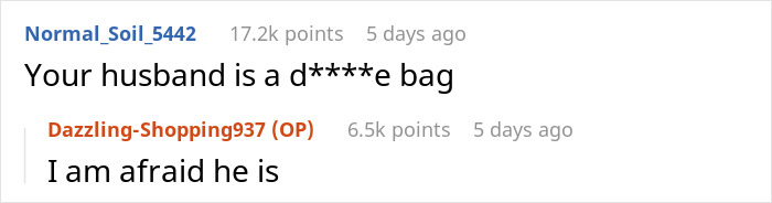 Reddit comment exchange discussing a husband's gym demands postpartum. Reddit comment exchange discussing a husband's gym demands postpartum.