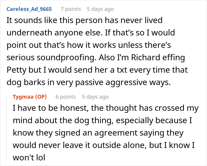 Reddit comments discussing neighbor noise complaints and passive-aggressive responses. Reddit comments discussing neighbor noise complaints and passive-aggressive responses.