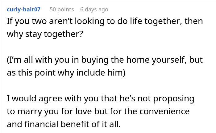 Text discussing the benefits of buying property and relationship dynamics. Text discussing the benefits of buying property and relationship dynamics.