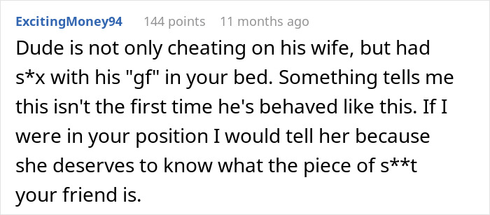 Comment highlighting cheating discovery in a friend's apartment, debating whether to reveal the affair. Comment highlighting cheating discovery in a friend's apartment, debating whether to reveal the affair.