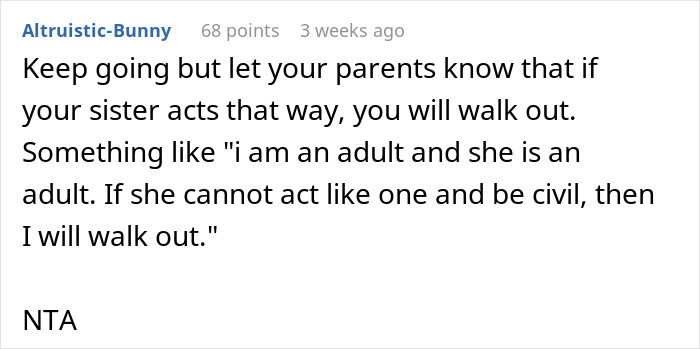Comment discussing handling a controlling sister at family dinner, suggesting ways to assert boundaries. Comment discussing handling a controlling sister at family dinner, suggesting ways to assert boundaries.