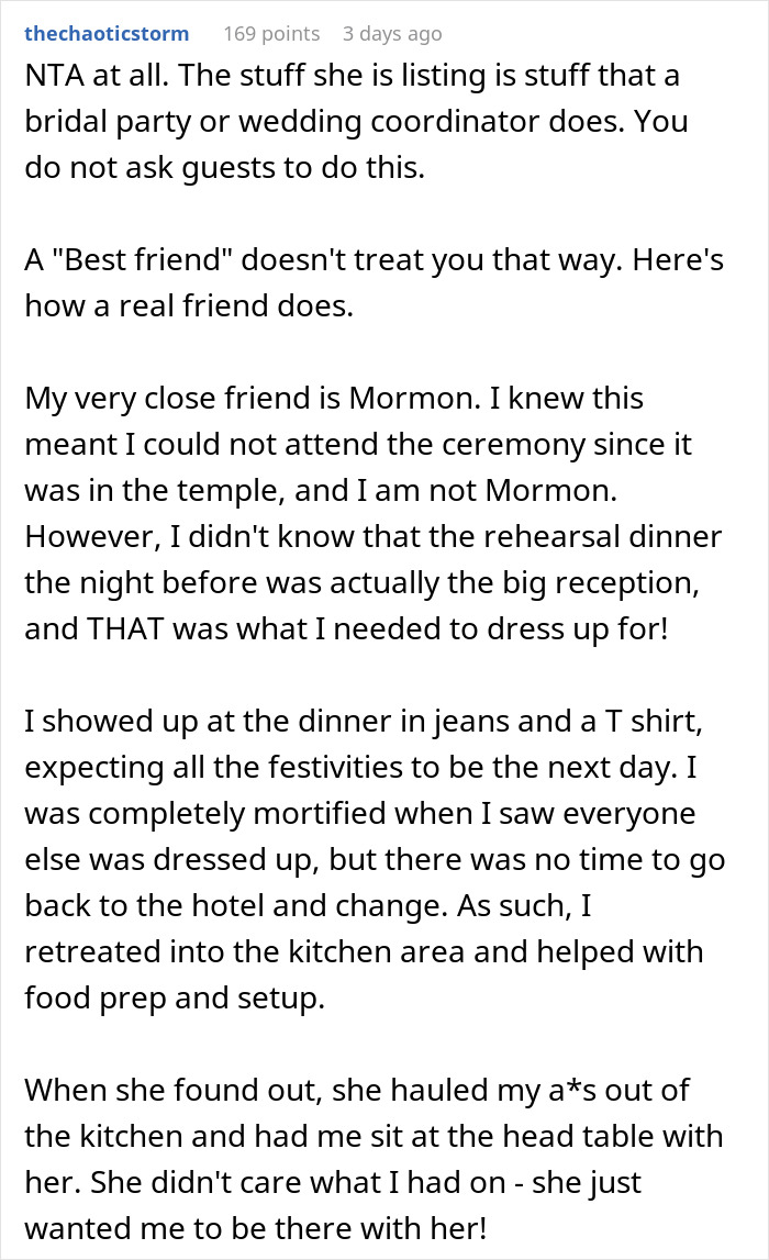 Text screenshot discussing wedding roles and friendship expectations. Text screenshot discussing wedding roles and friendship expectations.