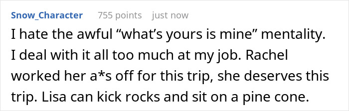 Text from a post criticizing entitlement, mentioning an influencer daughter not deserving a trip. Text from a post criticizing entitlement, mentioning an influencer daughter not deserving a trip.
