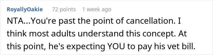 Comment discussing expectations around paying a brother's dog's vet bill, relating to vacation reimbursement. Comment discussing expectations around paying a brother's dog's vet bill, relating to vacation reimbursement.