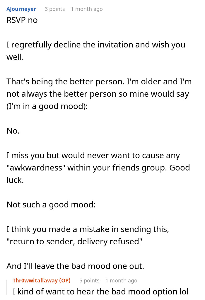 Text exchange discussing a declined RSVP to a wedding, with humor about being the better person and avoiding awkwardness. Text exchange discussing a declined RSVP to a wedding, with humor about being the better person and avoiding awkwardness.
