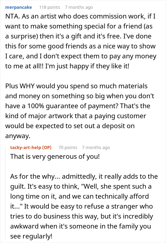 Comments discussing unsolicited paintings, artist expectations, and guilt over refusing purchases. Comments discussing unsolicited paintings, artist expectations, and guilt over refusing purchases.