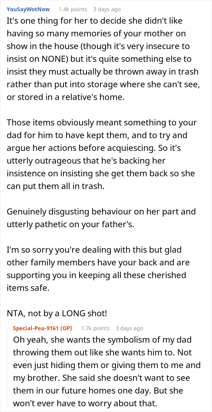 Reddit text exchange about a woman accused of stealing late mom's items from trash. Drama follows in the comments. Reddit text exchange about a woman accused of stealing late mom's items from trash. Drama follows in the comments.