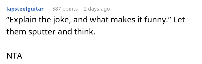 Reddit comment on parents' racist joke toward Thai wife, suggesting they explain the joke and its humor. Reddit comment on parents' racist joke toward Thai wife, suggesting they explain the joke and its humor.