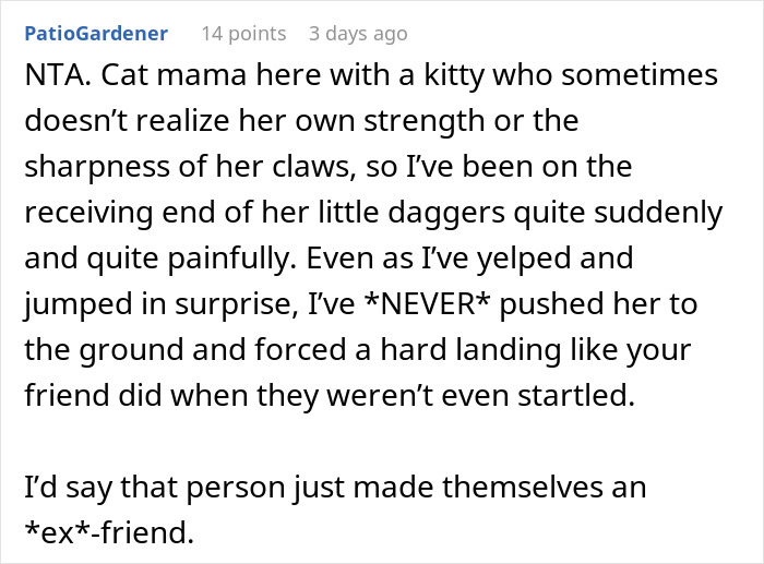 Comment discussing why friend was kicked out for mistreating a cat. Comment discussing why friend was kicked out for mistreating a cat.
