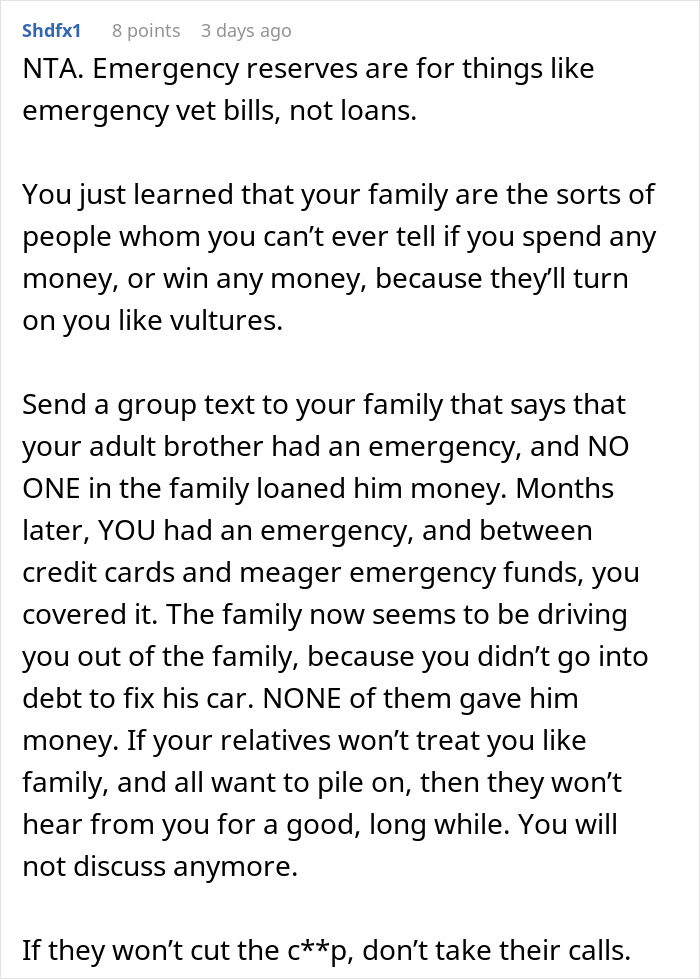 Reddit comment discussing emergency funds, loans, and family dynamics regarding money and priorities. Reddit comment discussing emergency funds, loans, and family dynamics regarding money and priorities.