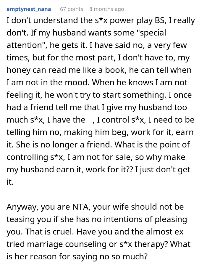 Reddit comment discussing relationship dynamics and control in marriage related to a dead bedroom issue. Reddit comment discussing relationship dynamics and control in marriage related to a dead bedroom issue.