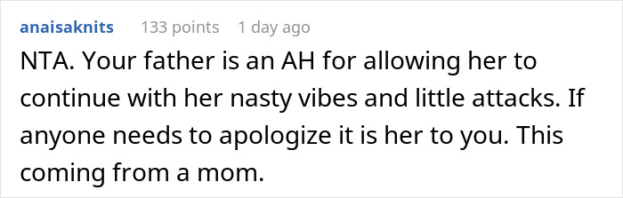 Comment discussing step-mom's behavior, suggesting apology; reflects step-mom lesson and reality check theme. Comment discussing step-mom's behavior, suggesting apology; reflects step-mom lesson and reality check theme.