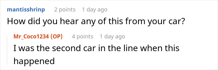 Reddit comments about a woman's attempt to enter a mall early, questioning how the incident was overheard from a vehicle. Reddit comments about a woman's attempt to enter a mall early, questioning how the incident was overheard from a vehicle.