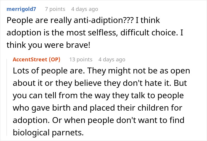Reddit discussion on adoption choices, highlighting differing views on placing children for adoption. Reddit discussion on adoption choices, highlighting differing views on placing children for adoption.