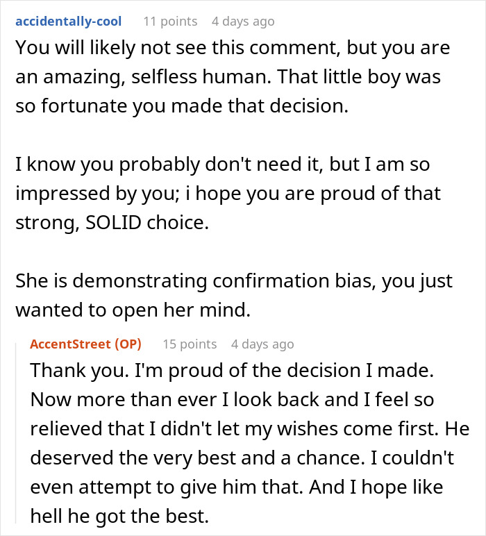 Reddit conversation about adoption decision; supportive comments and a proud response by original poster. Reddit conversation about adoption decision; supportive comments and a proud response by original poster.