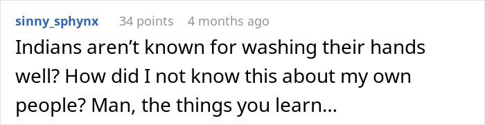 Reddit comment discussing handwashing habits among Indians. Reddit comment discussing handwashing habits among Indians.